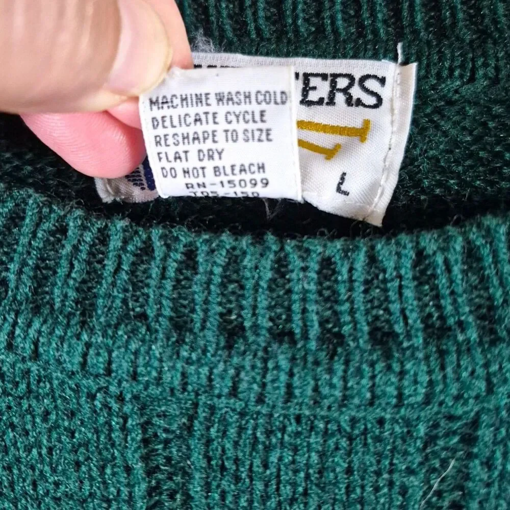 Vtg 90s Fisherman Grandpa Wool Blend L Dark Academia Sweater Green Rib Preppy